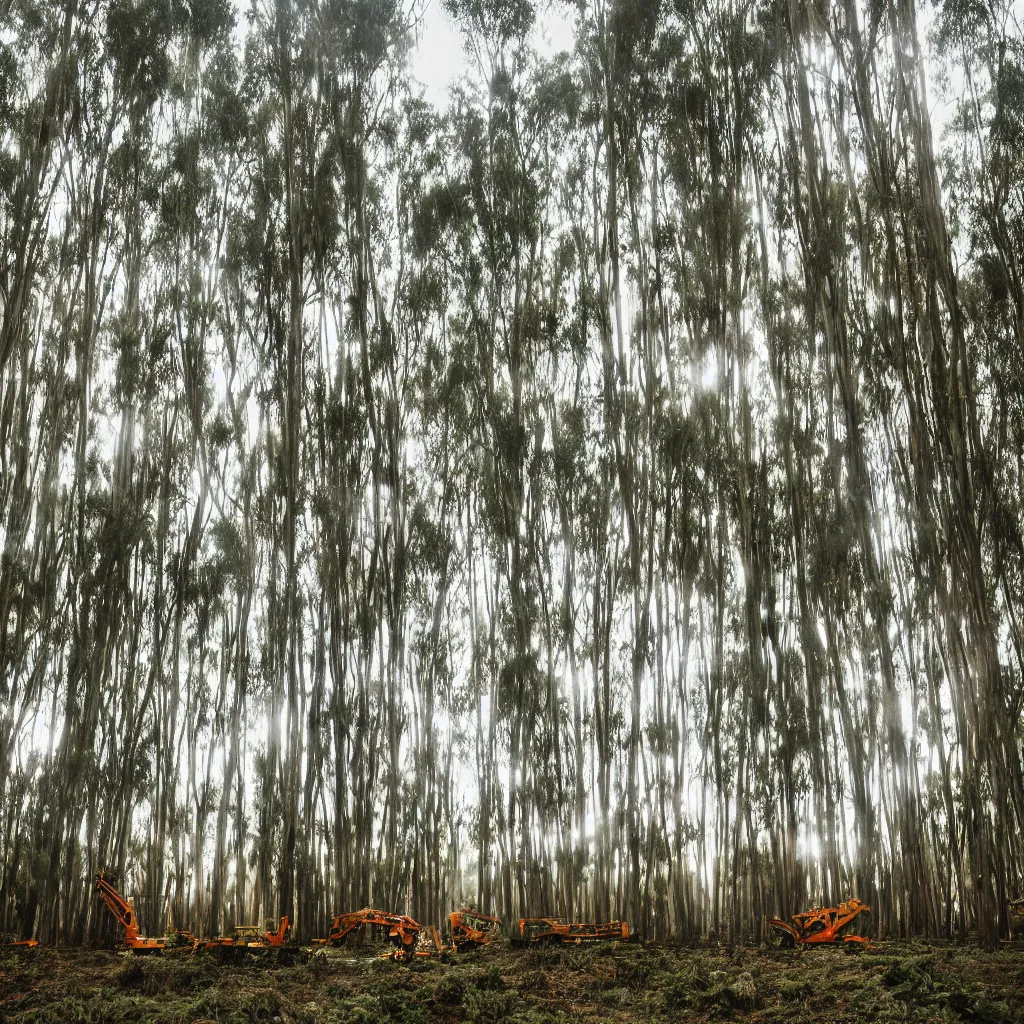 Image similar to long exposure photograph of moving eucalyptus trees in a strong wind, back light, sony ar 7 ii, photographed by julie blackmon