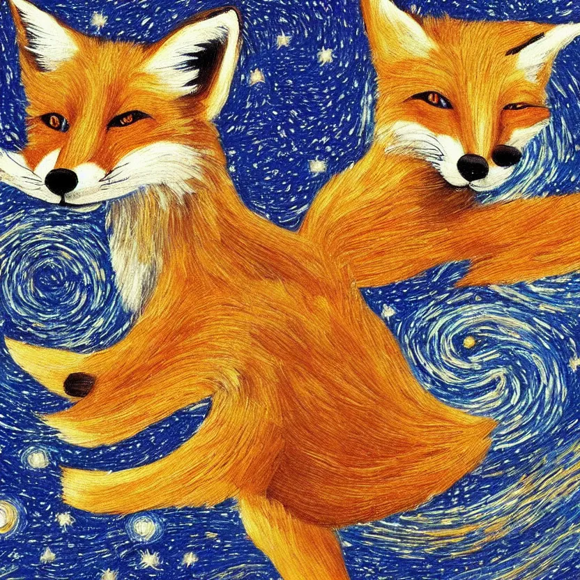 Image similar to a centred painting of a fox looking up at the stars in the style of Starry Night, highly detailed