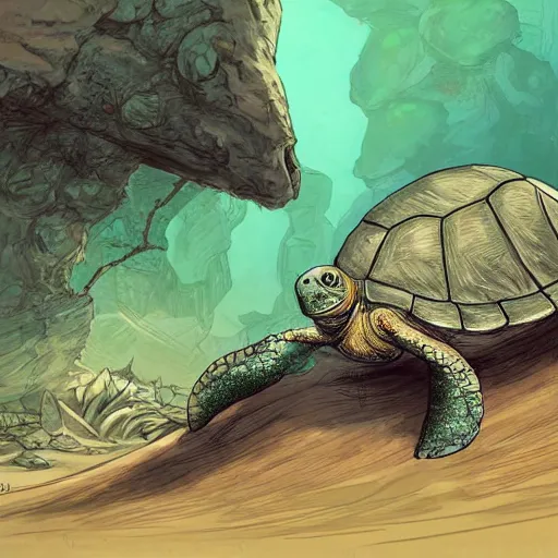 Image similar to a smug, unnamused turtle, sitting by a rock by android jones