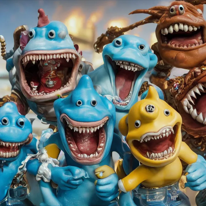 Prompt: jeff koons style street sharks in wallace and gromit, ultra realistic, concept art, intricate details, serious, highly detailed, photorealistic, octane render, 8 k, unreal engine, art by todd mcfarlane and artgerm and greg rutkowski and alphonse mucha