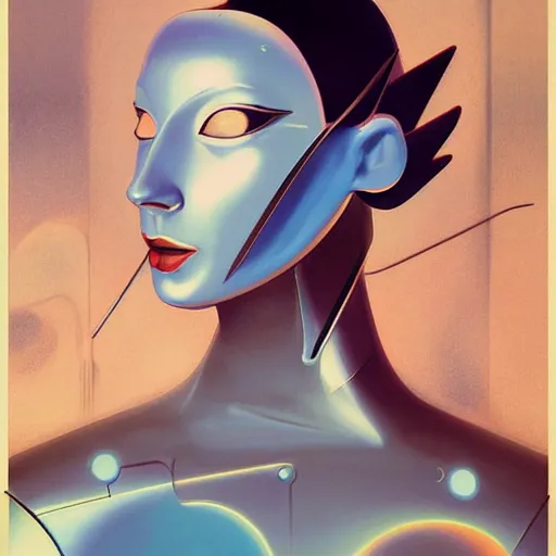 Image similar to scifi futurism automaton minimalism chrome by peter mohrbacher art Hajime Sorayama airbrush hyperrealism model abstract shatter fragments cubism futurism pastel blue soft flat minimal minimalism portrait face jackson pollock ukiyo-e lithograph mark ruthko swirl escape