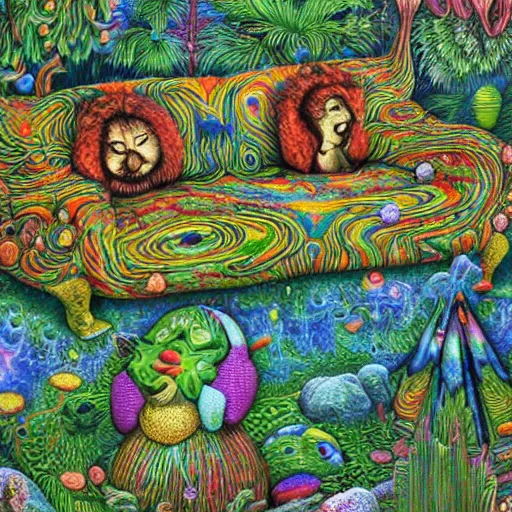 Image similar to psychedelic couch sofa in the lush forest, milky way, designed by moebius, rob gonsalves, gustav dore, giuseppe arcimboldo and carl barks, louis wain, trending on artstation, mediterranean, star, sharp focus, colorful refracted sparkles and lines, soft light, 8 k 4 k