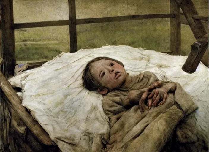 Image similar to poor child in a coma in a dirty makeshift hospital, painting by andrew wyeth and alan lee, very detailed, somber mood,