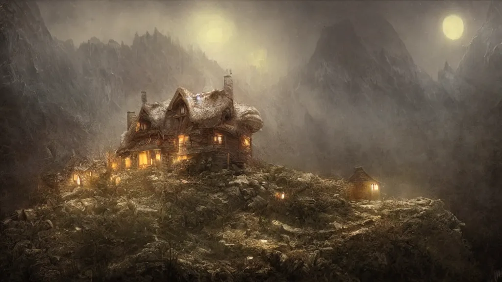 Prompt: A cottage rotting on a mountaintop at night, horror painting, by Bastien LeCouffe-Deharme, hyperrealistic, Blender 8k UHD