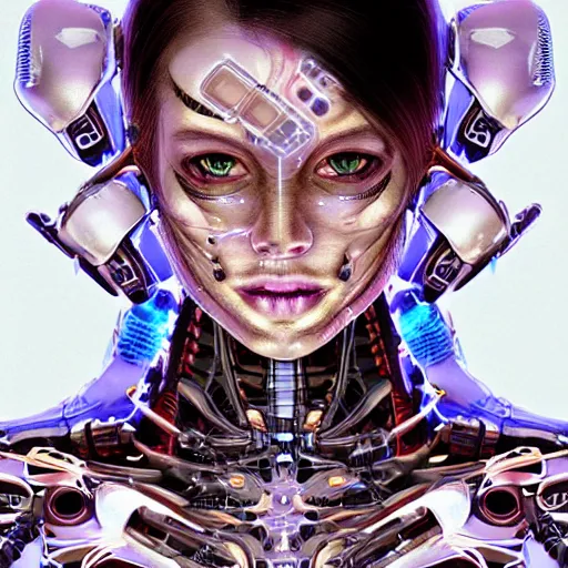Image similar to The face of an extremely beautiful biomechanical female looking robot with Optical Sensors and large emoji tattoos, surrounded by a thin transparent force field,, extremely beautiful oppai cyberpunk, exaggerated proportions, organic, chimeric organism, pale skin, organic polycarbon, full frontal, portrait, highly detailed, symmetrical, mechanical, mendelbrot fractal, ray tracing, hyperdetailed, hyperrealistic, octane render, hdr, 8k