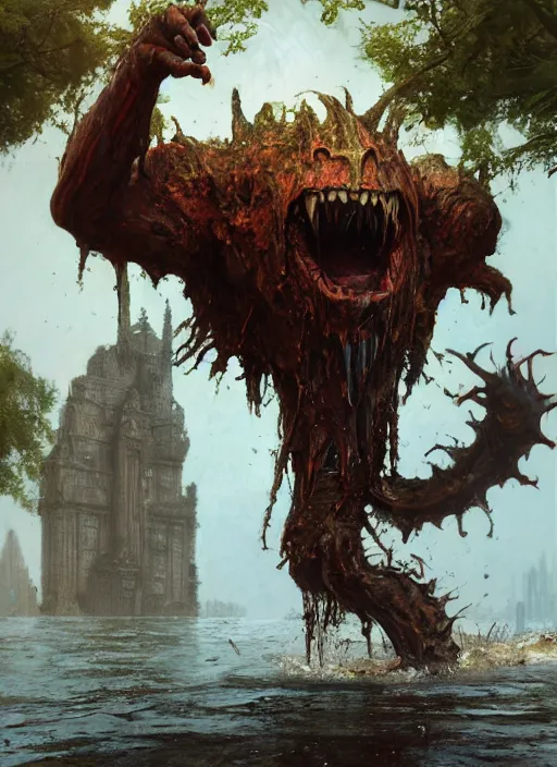 Image similar to huge towering brute swamp demon king emerging from lake on sunny day, splashing, by sergey kolesov and lawrence alma tadema and norman rockwell and greg staples and craig mullins and john berkey and ruan jia, artstation creature art, photoreal