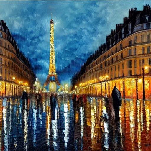 Image similar to Public square in Paris, it is night and raining, oil painting , highly detailed , high contrast, beautiful lighting, award winning , trending on art station, photorealistic, 8k