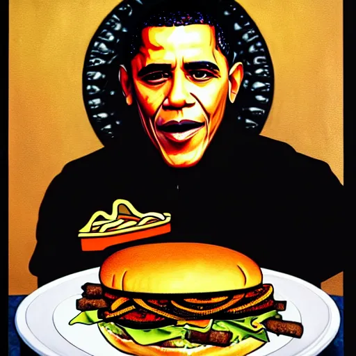 Image similar to intricate oil painting of barrack obama eating a cheese burger sitting on the iron throne, concept art, intricate, highly detailed, 8 k, takeshi obata, alphonse mucha, trending on artstation