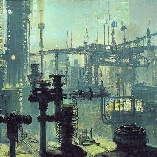 Image similar to cyberpunk network of pipes, by Ilya Repin