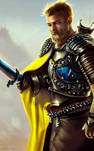 Prompt: highly detailed concept art of a rugged young knight with blonde hair and blue eyes and a short beard wearing a blue shirt over chain mail and steel pauldrons and a yellow cape and leather boots holding a shield and a warpick, concept art by Greg Rutkowski, realistic, masterpiece, ArtStation