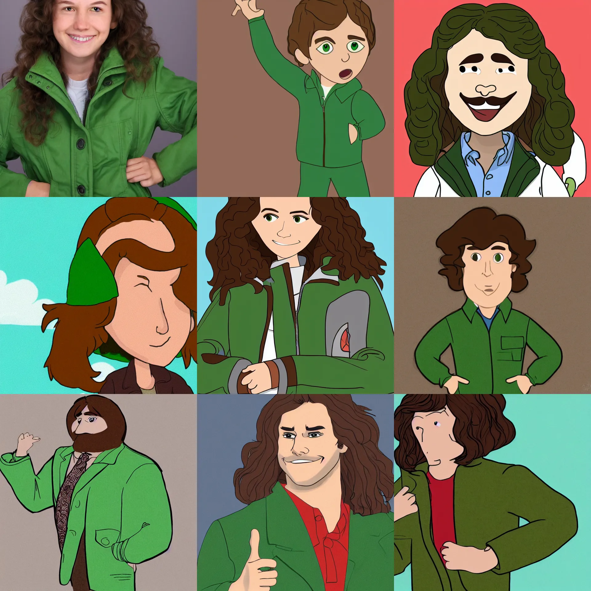 Prompt: highly detailed animated character with wavy brown hair, wearing a green jacket