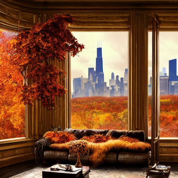 Prompt: fantastical living room with chicago landscape in the window by marc adamus, beautiful dramatic lighting, overgrown with funghi, autumn season, coat rack with coat hanging off, style by peter deligdisch, peterdraws