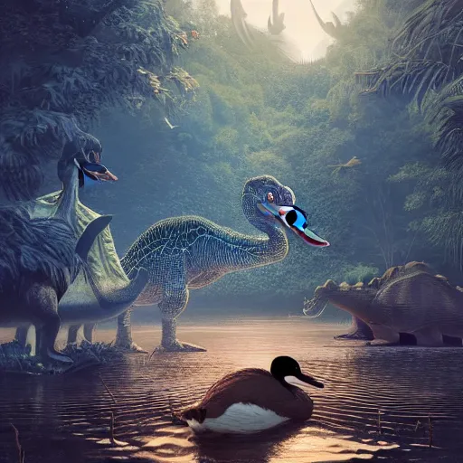 Prompt: a duck in front of a hungry dinosaur intricate artwork by Tooth Wu and wlop and beeple and Dan Mumford. Octane render, trending on artstation, greg rutkowski very coherent symmetrical artwork. Cinematic, hyper realism, high detail 8k