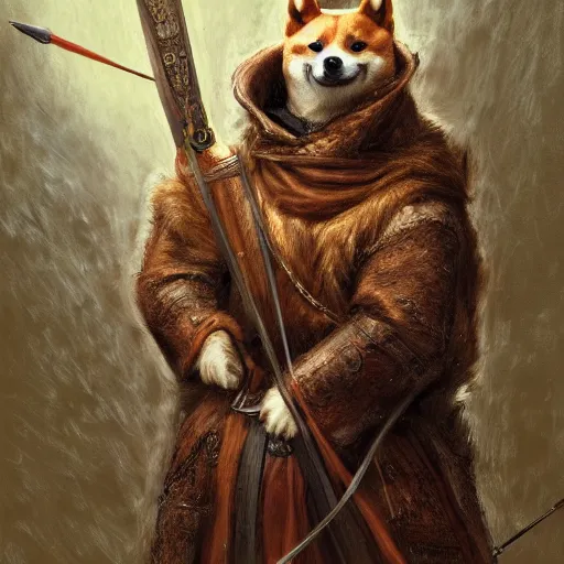 Prompt: anthropomorphic shiba inu, holding medieval crossbow aiming directly to camera, medieval armor, dark aura, fantasy, dark graveyard scene, portrait art by donato giancola and greg rutkowski, realistic face, digital art, trending on artstation, symmetry