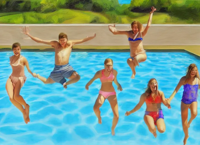 Prompt: photorealistic painting of a group of teens in the moment of jumping into a pool, digital art, subtle painting, subtle hues, some edges lost