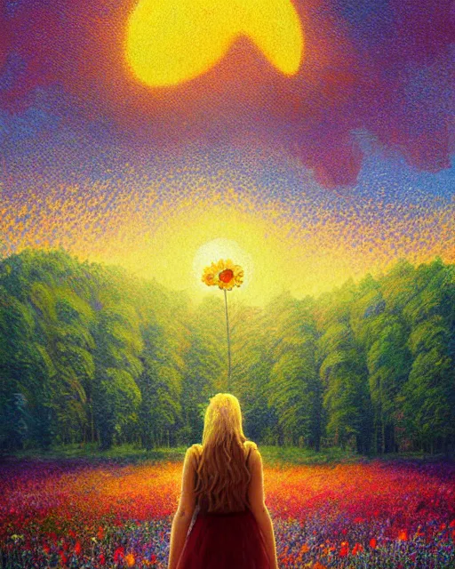 Image similar to girl with giant flower as a face and flower dress, standing in a flower field hills, big trees, sunrise dramatic light, impressionist painting, colorful clouds, digital painting, pointillism, artstation, simon stalenhag