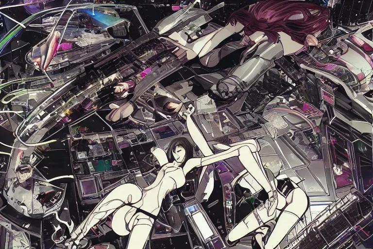 Image similar to a finely composed cyberpunk illustration of a group of white female androids' in style of hajime sorayama, lying scattered over an abstract, empty, white floor, by masamune shirow and katsuhiro otomo, hyper-detailed, colorful, view from above, wide angle, close up, spacious