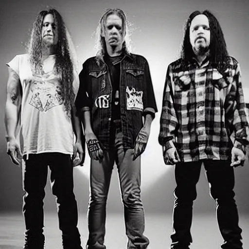 Prompt: Metallica reimagined as a grunge band, grunge-tallica, 1993, flannel shirts, Metallica