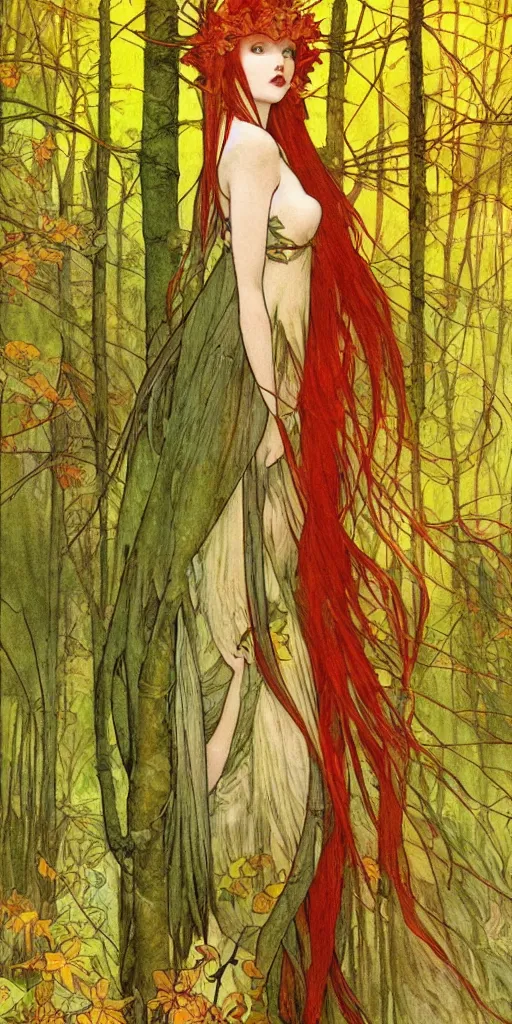 Image similar to a beautiful illustration of a red-head female in a forest, autumn, cinematic composition, mist, style of yoshitaka amano and alfons mucha