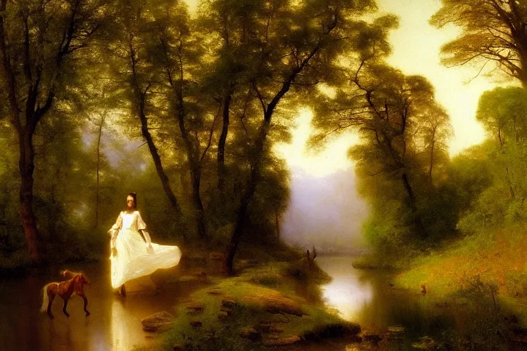 Image similar to scenic western painting of a woman in a traditional white dress walking through a forest river, horses, radiant light, oil on canvas, albert bierstadt, thomas moran