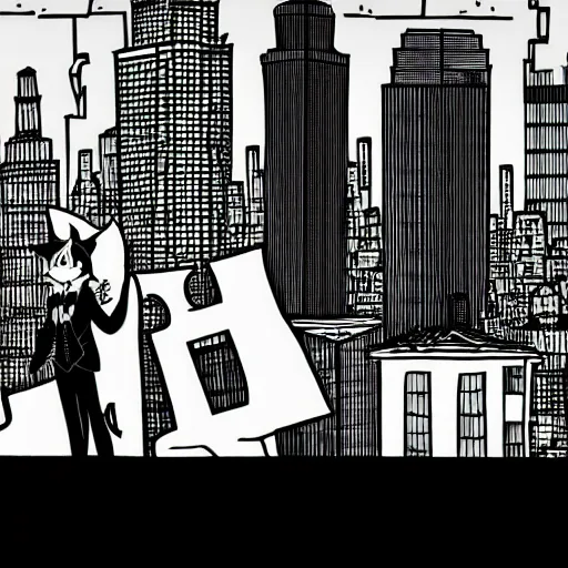 Prompt: anime ink line art of an anthropomorphic fox wearing a tuxedo as he stands on a city rooftop with a city in the background, black and white key manga visual