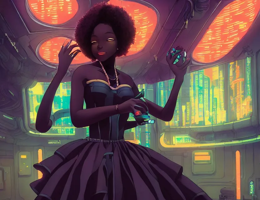 Prompt: black - skinned scifi princess in a deep sea cafe, wearing a lovely dress with cyberpunk elements. this oil painting by the award - winning mangaka has an interesting color scheme and impeccable lighting.