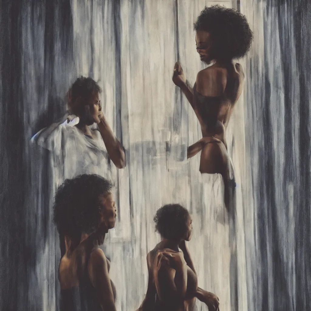 Prompt: realistic beautiful black female standing next to a window, canvas