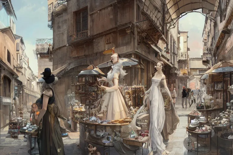 Image similar to seductive hoyeon jung shopping at ancient renaissance florence street vendors, rule of thirds, serene, face anatomy, by wlop, peter mohrbacher, james jean, jakub rebelka, visually stunning, beautiful, masterpiece