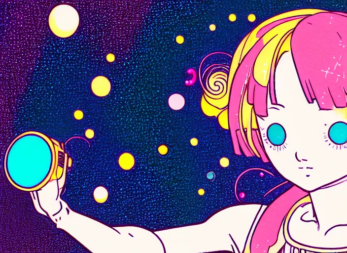 Prompt: portrait of a young girl dancing in space,Hiroyuki Imaishi,Studio Trigger,gustav klimt, kawaii, manga, bright colors,beautiful, 28mm lens,gradation,loish, rule of thirds fibonacci, Ilya Kuvshinov, Kyoto Animation,Mucha,Murata Range, fine detail