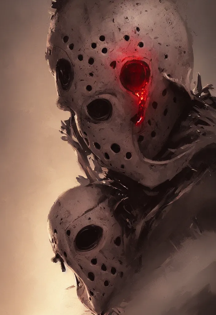 Prompt: portrait of jason voorhees by greg rutkowski, evil energy, dantes inferno, highly detailed portrait, digital painting, artstation, concept art, smooth, sharp foccus ilustration, artstation hq