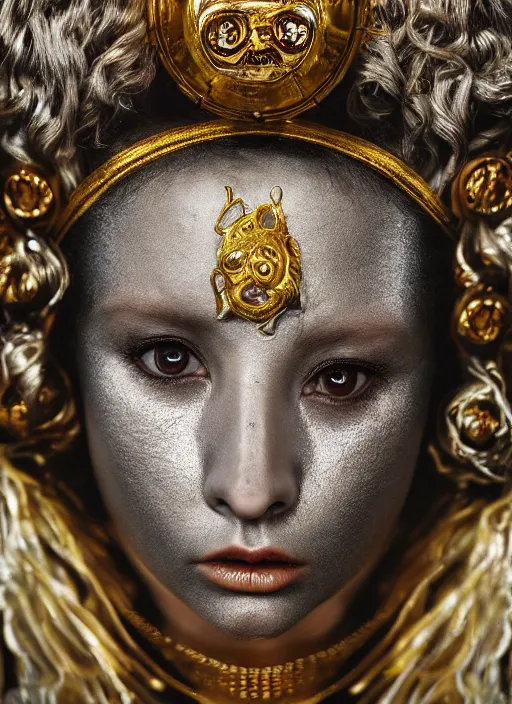 Image similar to hyperrealism, detailed textures, award winning photo, symetrical japanese medusa queen autochrome portrait, silverplate, intricate, detailed facial animal mask, golden jewelery, silverplate, ultra realistic, cinematic, intricate, cinematic light by steve mccurry, unreal engine 8 k