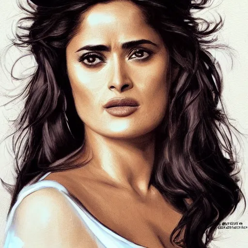 Image similar to salma hayek in a bar, perfect proportions, beautiful face, perfect eyes, real life colors, elegant, sharp focus, hyper - realistic, 4 k, highly detailed, hd, dramatic lighting by brom