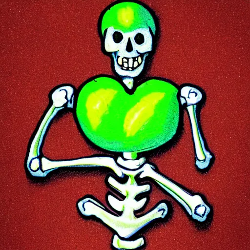 Prompt: highly detailed skeleton with a heart, lime green background