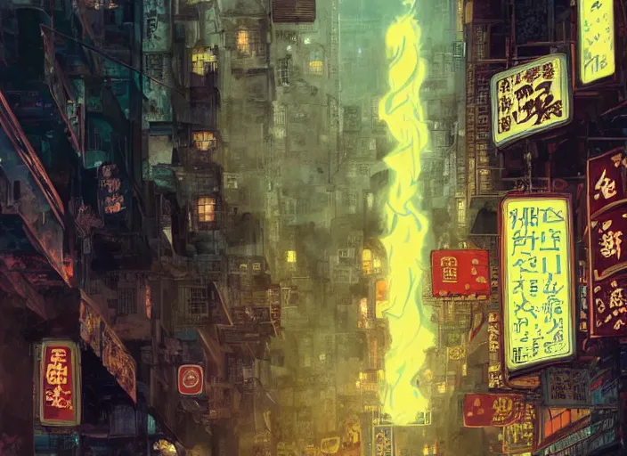 Image similar to anime of 1 9 2 0 s hong kong at night lit by the stars, wispy smoke, highly detailed face, very intricate, symmetrical, cinematic lighting, award - winning, painted by wong kar - wai and mandy jurgens and peter doig, dystopian, bold colors, dark vibes, featured on artstation