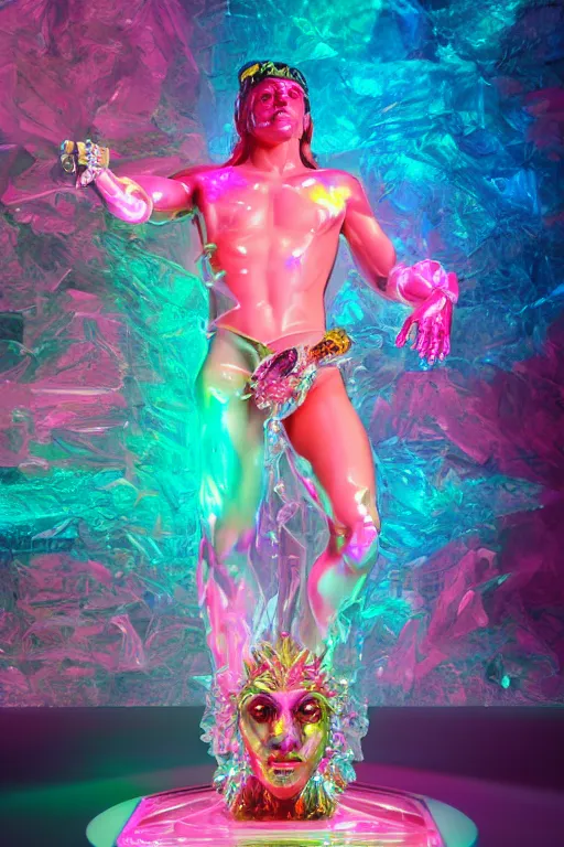 Prompt: hyper detailed ultra sharp fullbody photo of baroque and cyberpunk transparent pink gem sculpture of a muscular seductive young latino feeling muy cachondo, muy dotado, iridescent humanoid deity wearing ed plastic seethrough cloak, holding a rainbow tiger gem, blue diamond, glowing pink face, crown of white diamonds, cinematic lighting, photorealistic, octane render 8 k