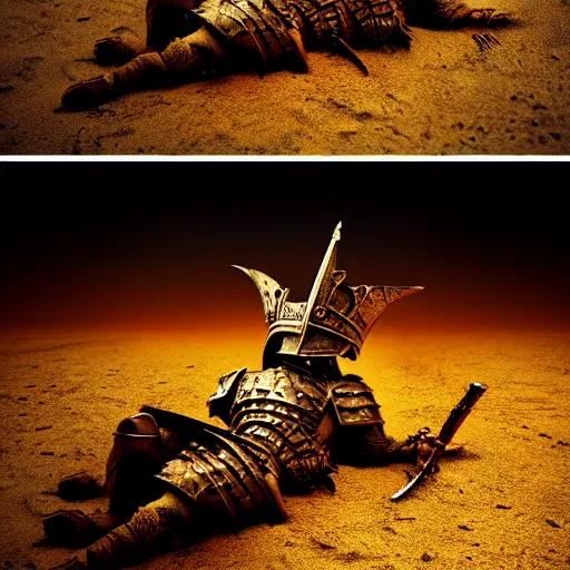 Image similar to the king in the desert dead on the ground, blood on sand, fighting in a dark scene, detailed scene, killed in war, Armour and fallen Crown, highly detailed, blood and dust in the air, action scene, cinematic lighting, dramatic lighting, trending on artstation, elegant, intricate, character design, motion and action and tragedy, fantasy, D&D, highly detailed, digital painting, concept art