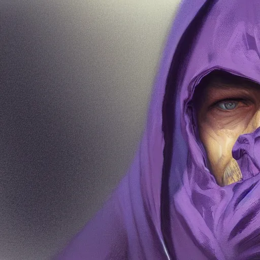 Image similar to ultra realistic illustration, man in a black hood, in a striped purple balaclava, mysterious, highly detailed, digital painting, artstation, concept art, smooth, sharp focus, illustration, art by artgerm and greg rutkowski and alphonse mucha