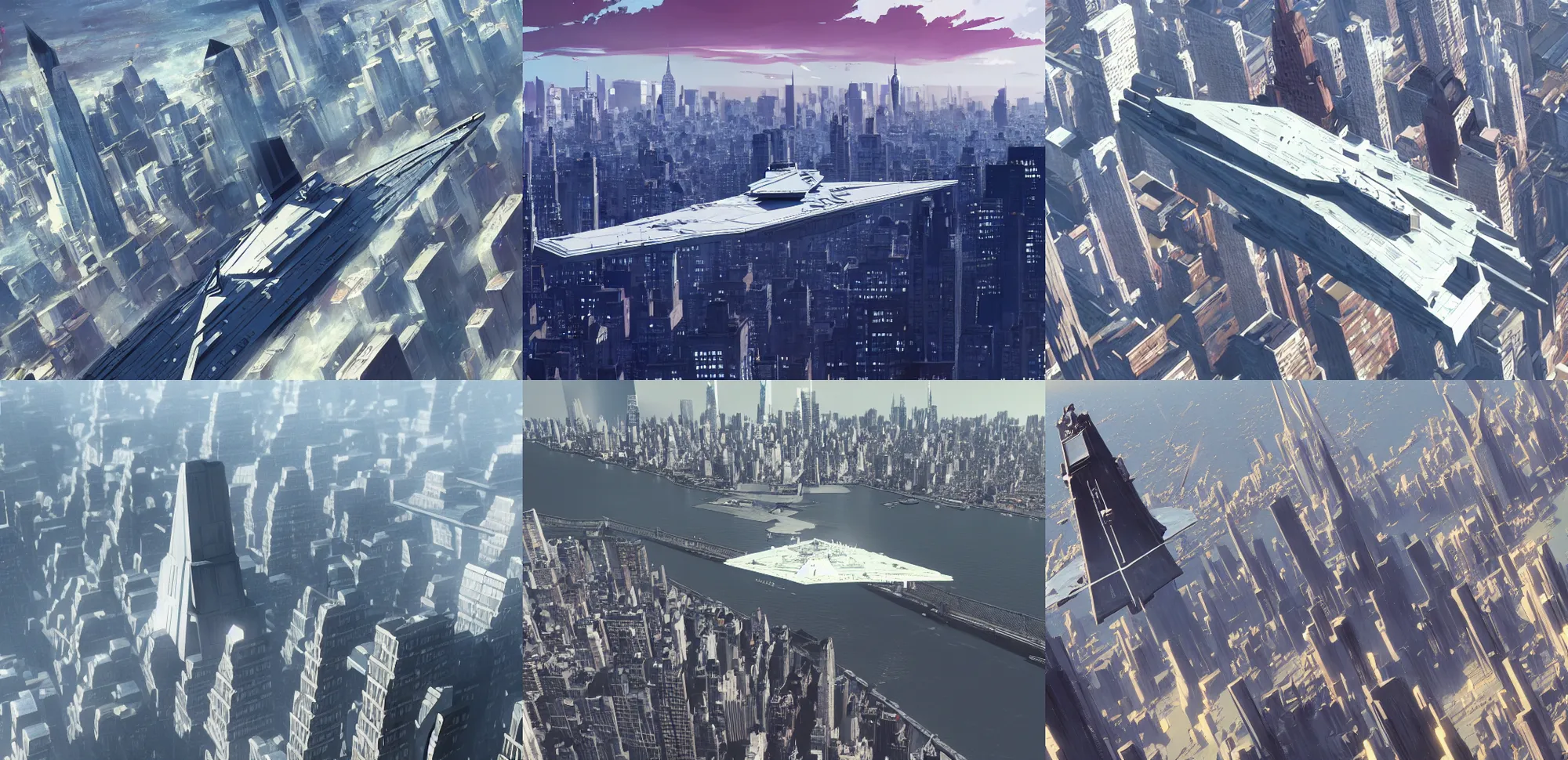 Prompt: a Star Destroyer flying over New York City. Anime, in the style of Mokoto Shinkai. Trending on ArtStation. Wide shot.