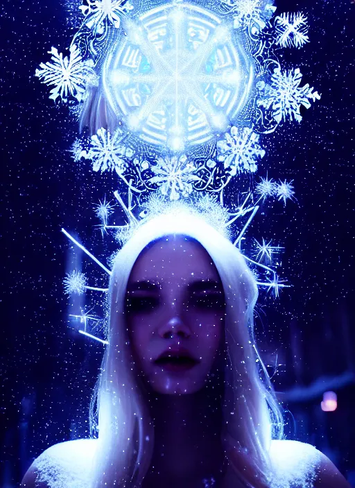 Image similar to a beautiful white sorceress with snowflakes on her hair, snow particles, bokeh, glowing light orbs, intricate concept art, elegant, smooth, illuminated lines, outrun, vaporware, dark background, cyberpunk darksynth, ethereal, ominous, misty, 8 k, rendered in octane, by ruan jia and jeremy mann