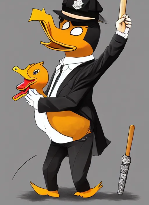 Image similar to commissioned full body portrait of a male anthro duck fursona with a duck head wearing a nice black suit and a fedora holding a baseball bat sitting on the hood of a police patrol car in a baseball stadium, by a professional manga illustrator, Stanley Artgerm Lau, WLOP, Rossdraws, James Jean, Andrei Riabovitchev, Marc Simonetti, and Sakimichan, trending on artstation