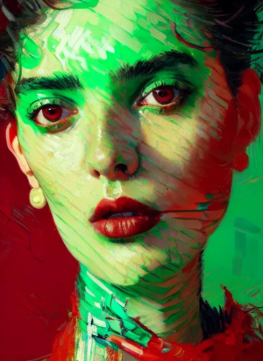 Image similar to close up portrait of yael shelbia, sensual, ecstatic, shades green and red, beautiful face, rule of thirds, intricate outfit, spotlight, by greg rutkowski, by jeremy mann, by francoise nielly, by van gogh, digital painting