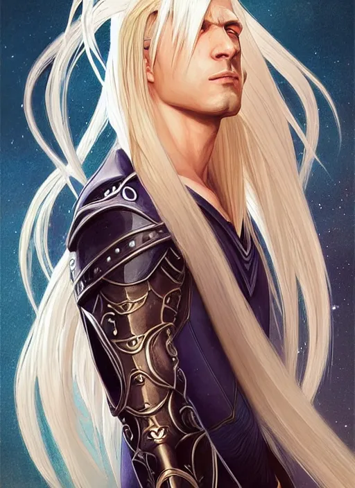 Image similar to centered portrait, Sephiroth as a male D&D Ranger, blonde hair, Art Nouveau, beautiful retro Fantasy heroine 1985, intricate, elegant, highly detailed, centered, digital painting, trending on artstation, concept art, smooth, sharp focus, illustration, art by raphael lacoste, eddie mendoza, Mucha, alex ross, WLOP