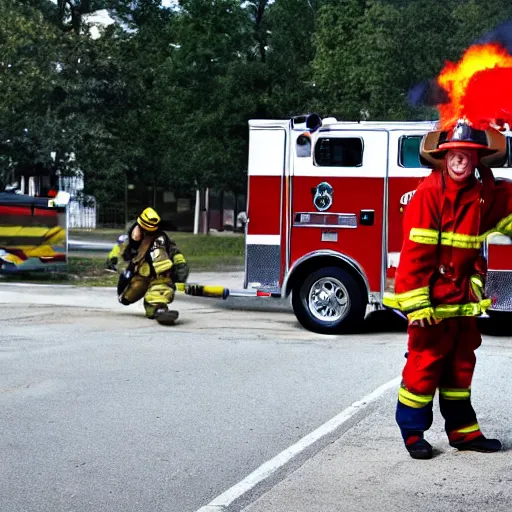 Image similar to a clown wearing firefighter clothes, using a flamethrower on a dumpster fire