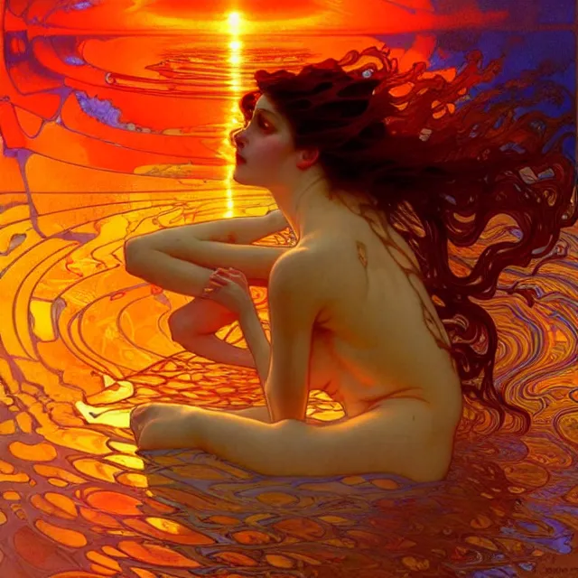 Prompt: mind bending ocean waves of glossy psychedelic liquid honey drops flowing like kaleidoscopic translucent amber, lsd waves, dmt ripples, crystal clear, backlit, sunset, refracted lighting, art by collier, albert aublet, krenz cushart, artem demura, alphonse mucha