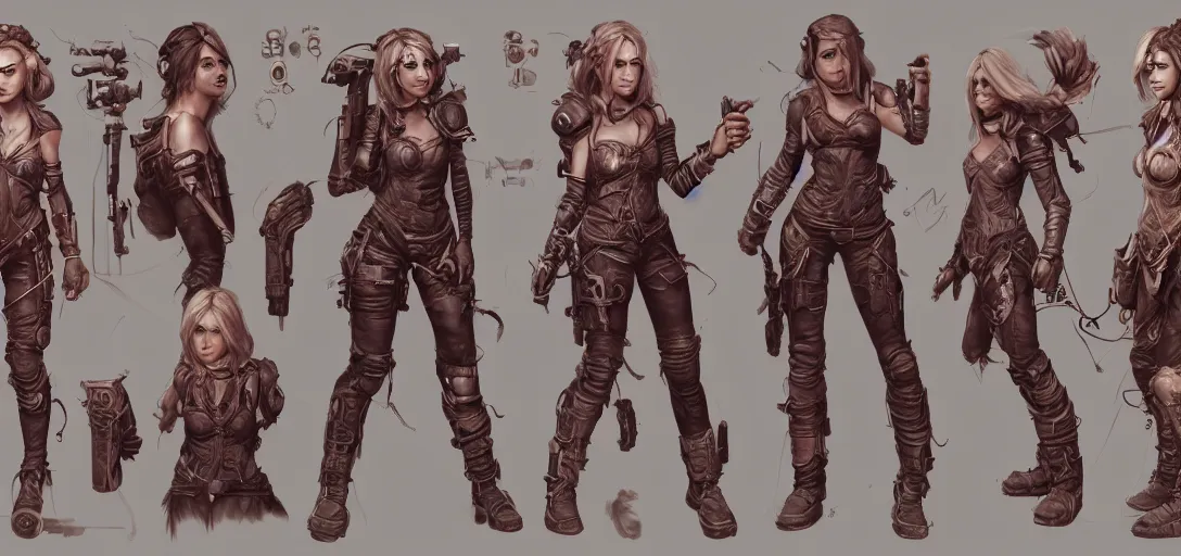 Prompt: character sheet concept art of female video game characters, realistic, hyper realistic, photographic, costume, wlop, dan mumford, greg rutkowski, high detail, 8 k, intricate