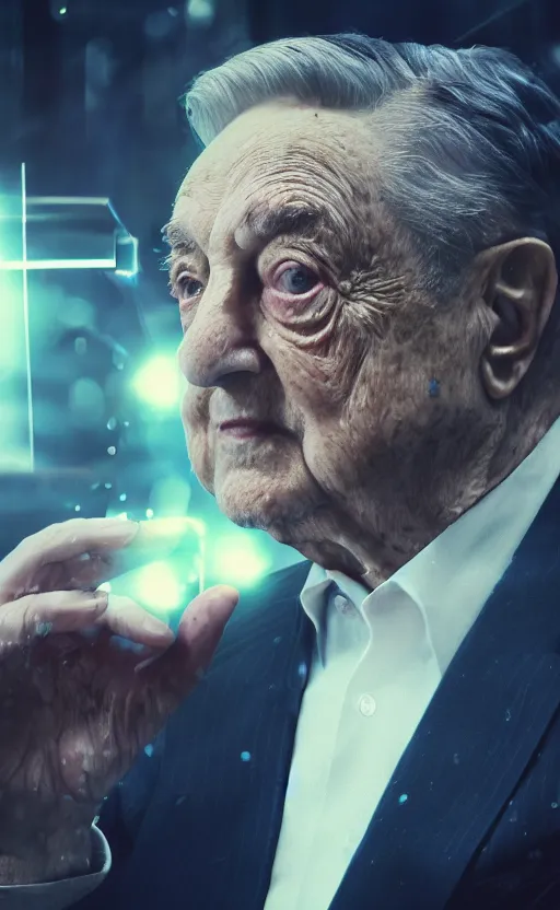 Image similar to Portrait of George Soros, splash art, movie still, cinematic lighting, dramatic, octane render, long lens, shallow depth of field, bokeh, anamorphic lens flare, 8k, hyper detailed, 35mm film grain