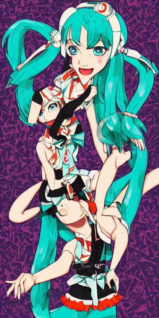 Image similar to Hatsune miku swing dancing with Gumi by Tristan Eaton. 1930s Musical.