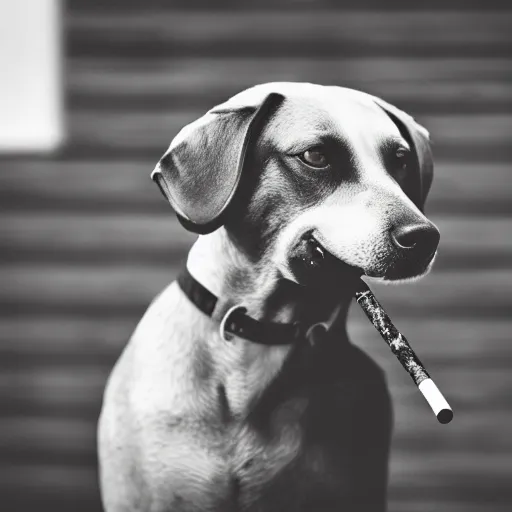 Prompt: a photograph of a dog with a cigarette in its mouth, low depth of field