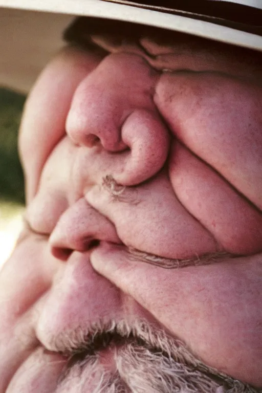 Image similar to close-up photography, portrait of fat man in white hat, soft light, 35mm, film photo, Joel Meyerowitz