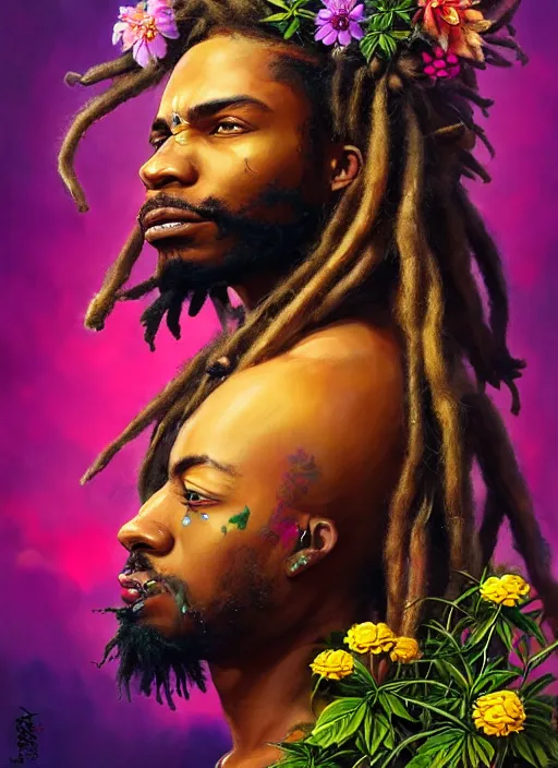 Image similar to portrait of fearless jamaican rasta warrior with flowing dreadlocks, surrounded by flowers of ganja. afrogoth matte painting concept art, beautifully backlit, intricate digital painting, subtle tones, cinematic aesthetic octane render, grimdark, by rhads, james jean, ross tran and artgerm